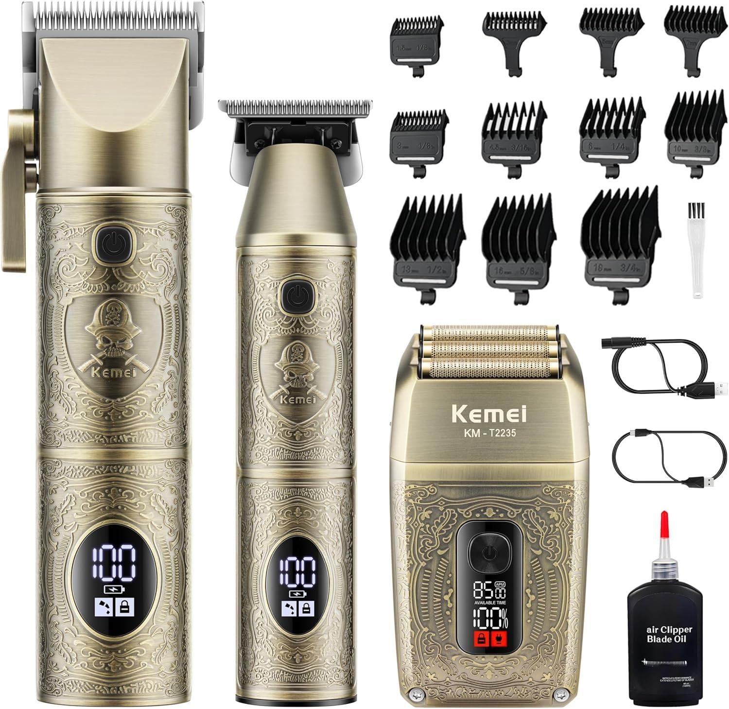 Km-2235  - ماكينة حلاقة كهربائية احترافية. قابله للشحن للرجال  3 ماكينات