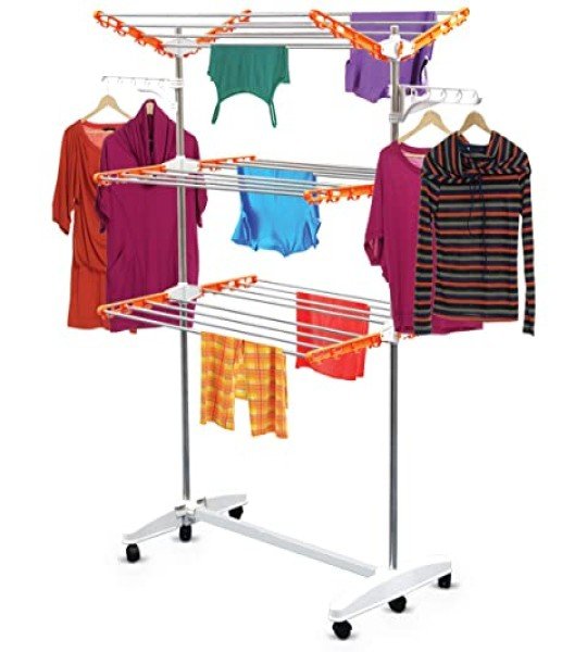 منشر غسيل 3 ادوار قابل للطي Stainless Steel Clothes Hanger Mobile Folding Racks - 3 Layers